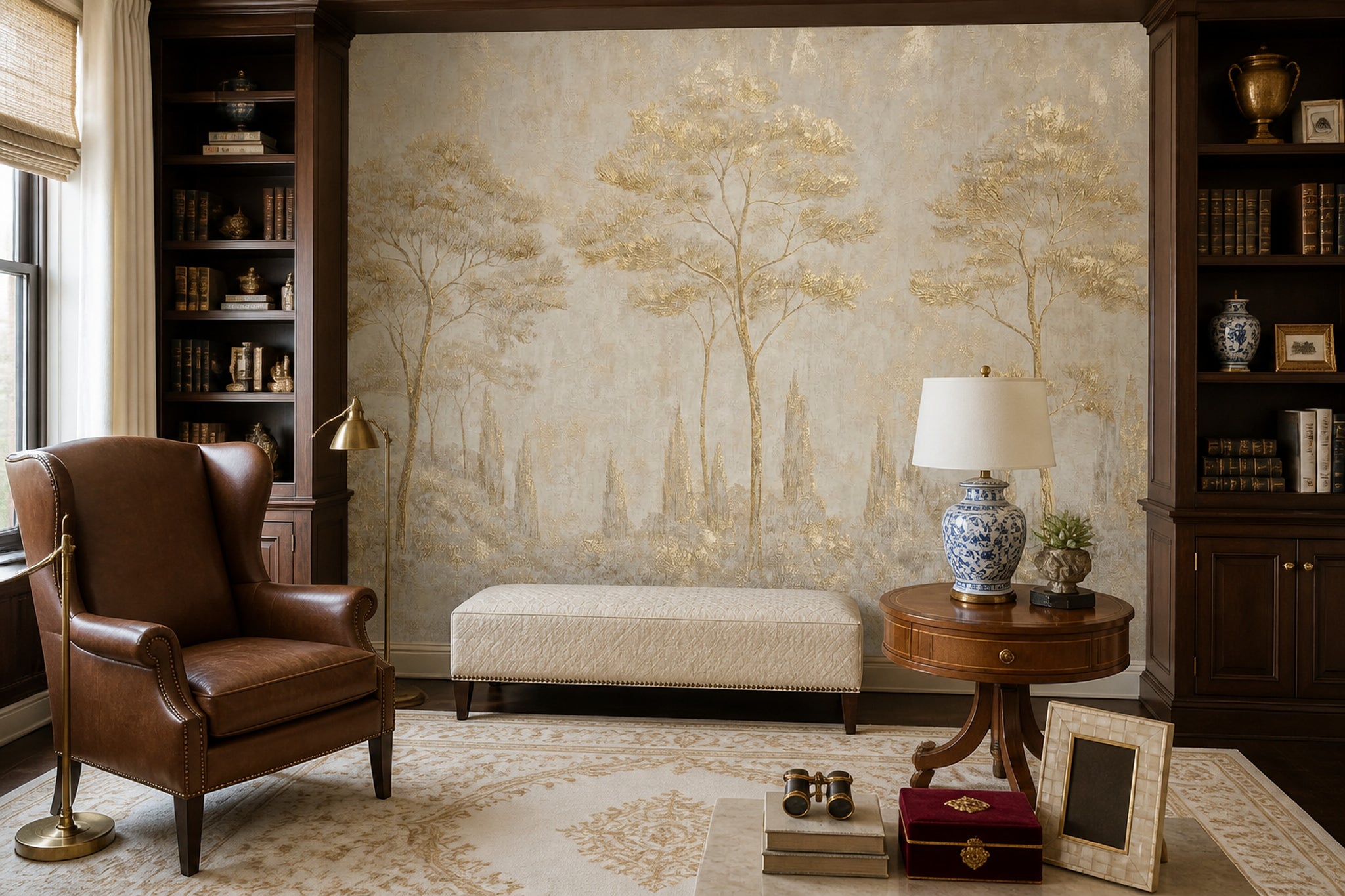 Gold Trees Wallpaper Beige Landscape Removable Metallic Wallpaper Wall Decor