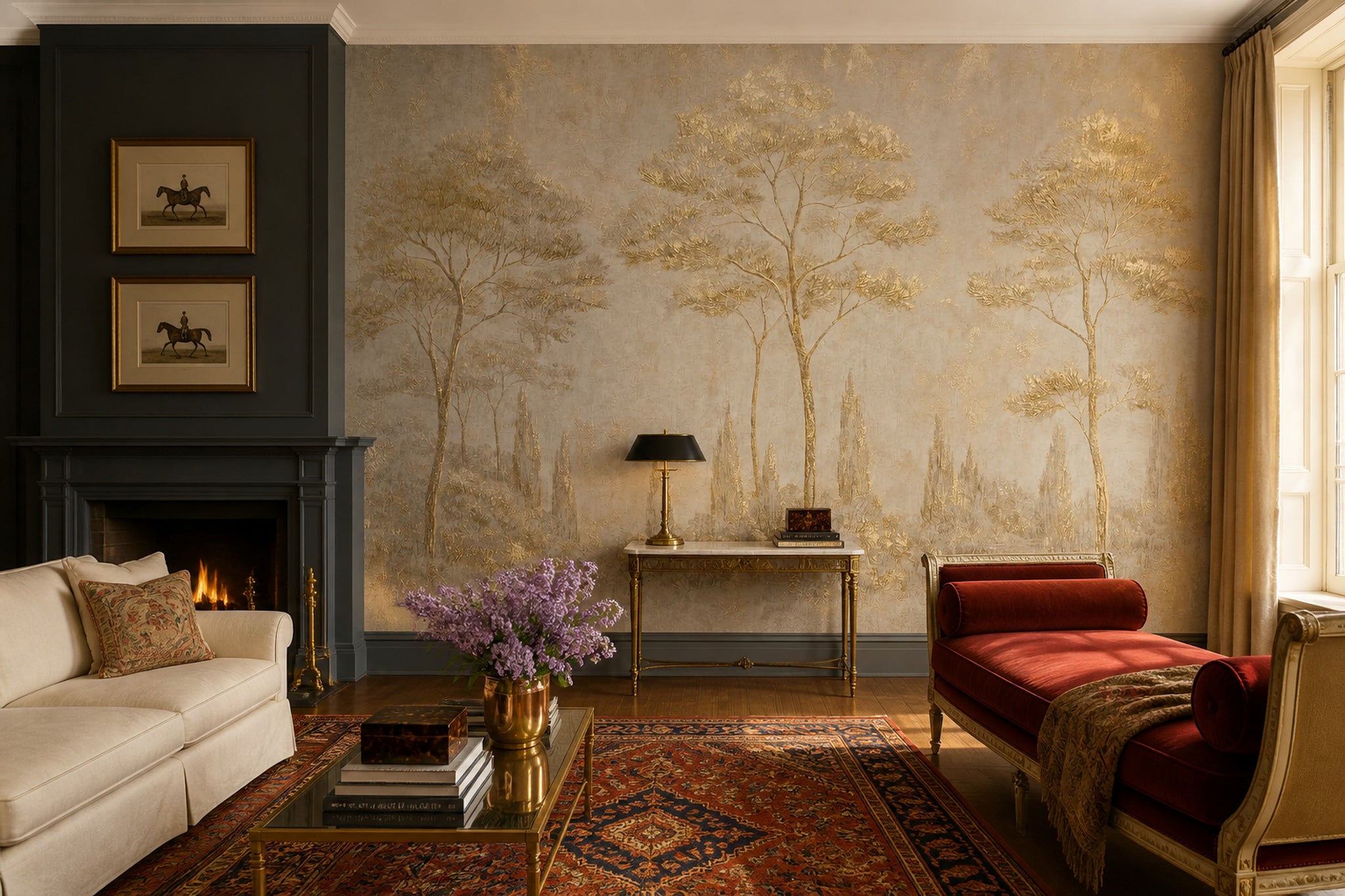 Gold Trees Wallpaper Beige Landscape Removable Metallic Wallpaper Wall Decor