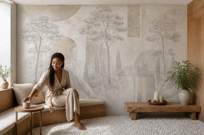 Mediterranean Landscape Wallpaper Tuscan Trees Textured Plaster Wall Mural