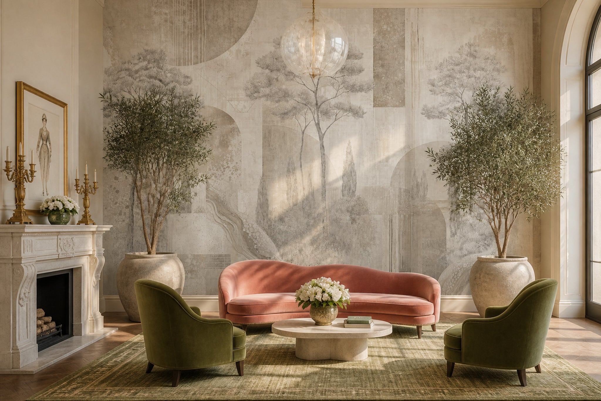 Mediterranean Landscape Wallpaper Tuscan Trees Textured Plaster Wall Mural