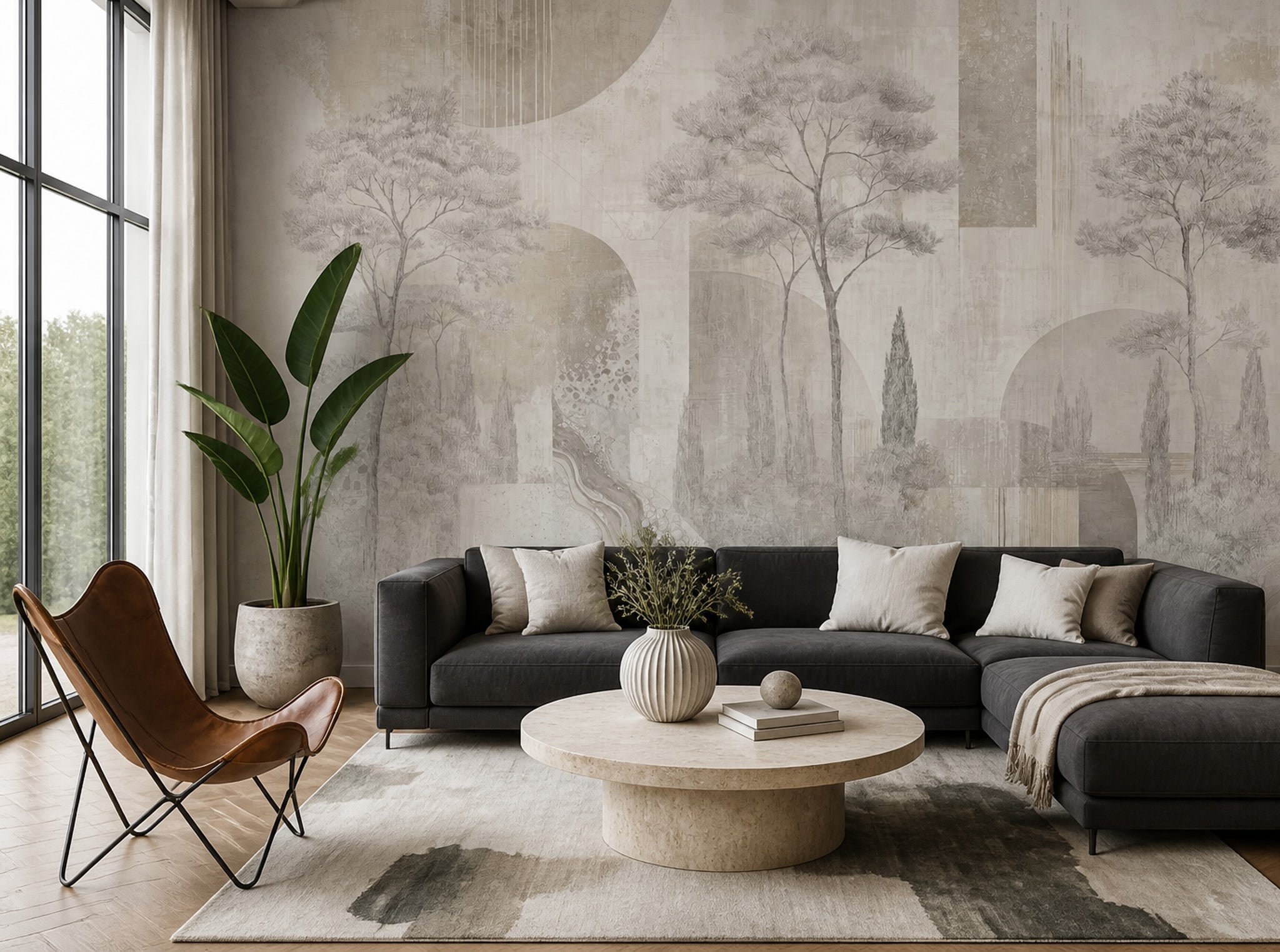 Mediterranean Landscape Wallpaper Tuscan Trees Textured Plaster Wall Mural