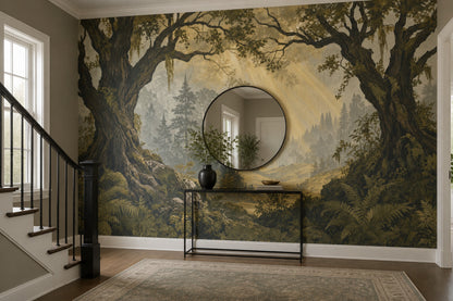 Forest Landscape Wallpaper Vintage Woodland Sunbeams Wall Mural