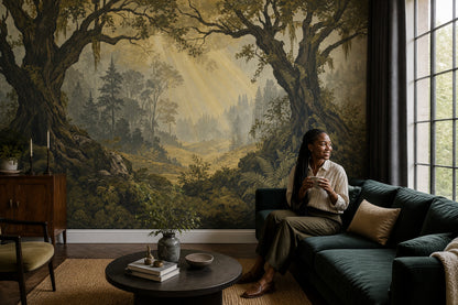Forest Landscape Wallpaper Vintage Woodland Sunbeams Wall Mural