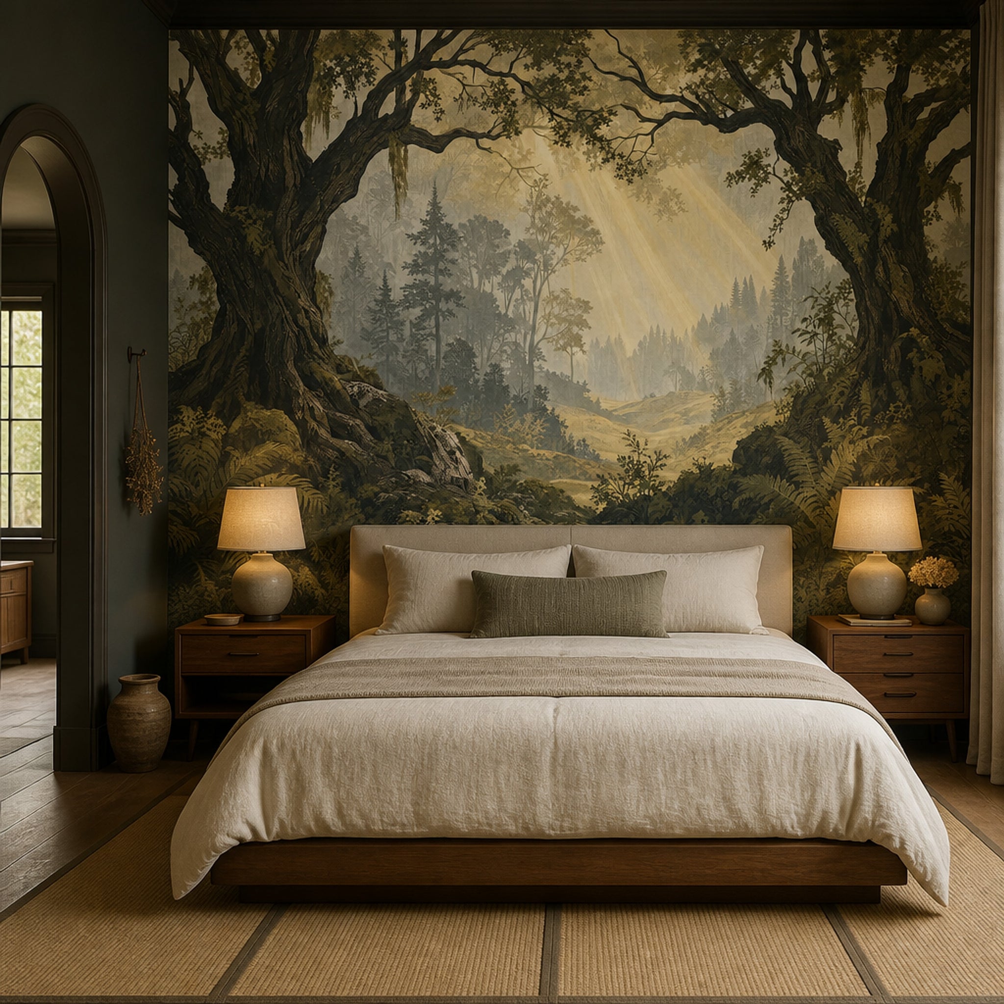 Forest Landscape Wallpaper Vintage Woodland Sunbeams Wall Mural