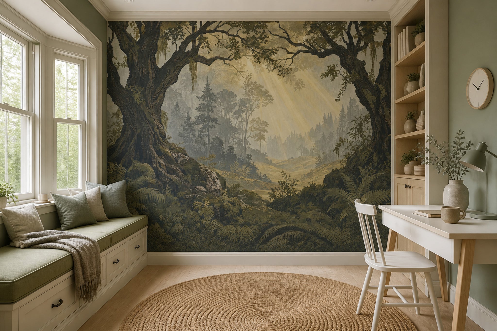 Forest Landscape Wallpaper Vintage Woodland Sunbeams Wall Mural