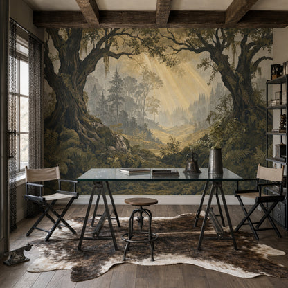 Forest Landscape Wallpaper Vintage Woodland Sunbeams Wall Mural