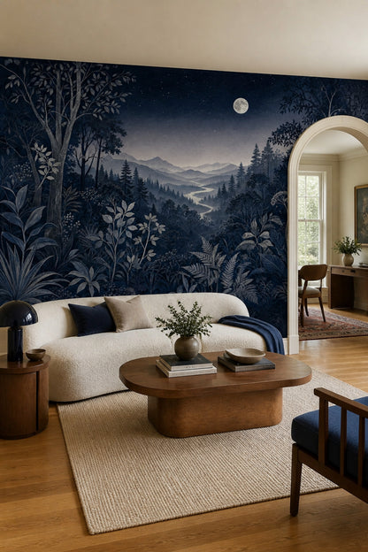 Moonlit Forest Wallpaper Night Landscape Removable Navy Botanical Wall Decor