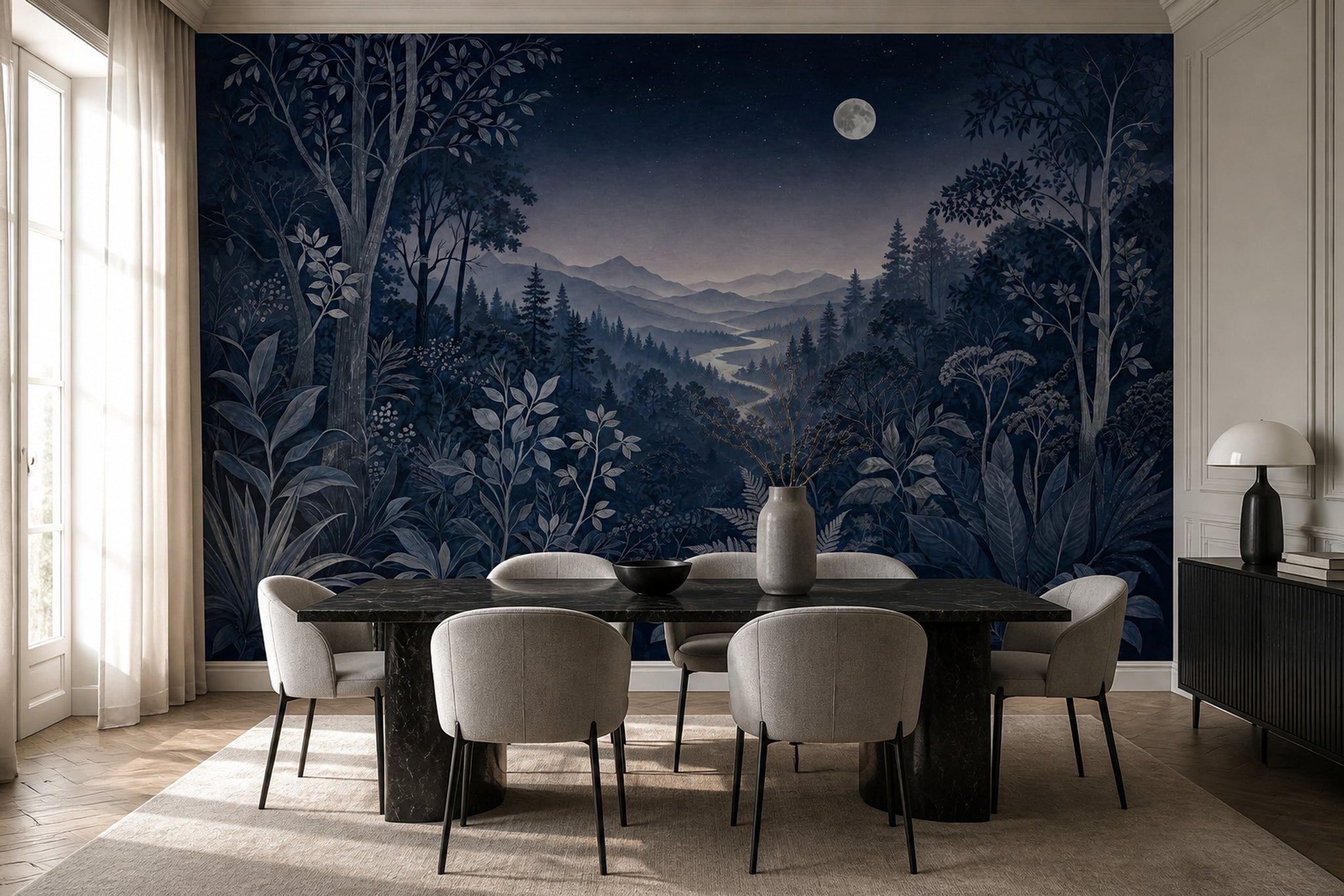 Moonlit Forest Wallpaper Night Landscape Removable Navy Botanical Wall Decor