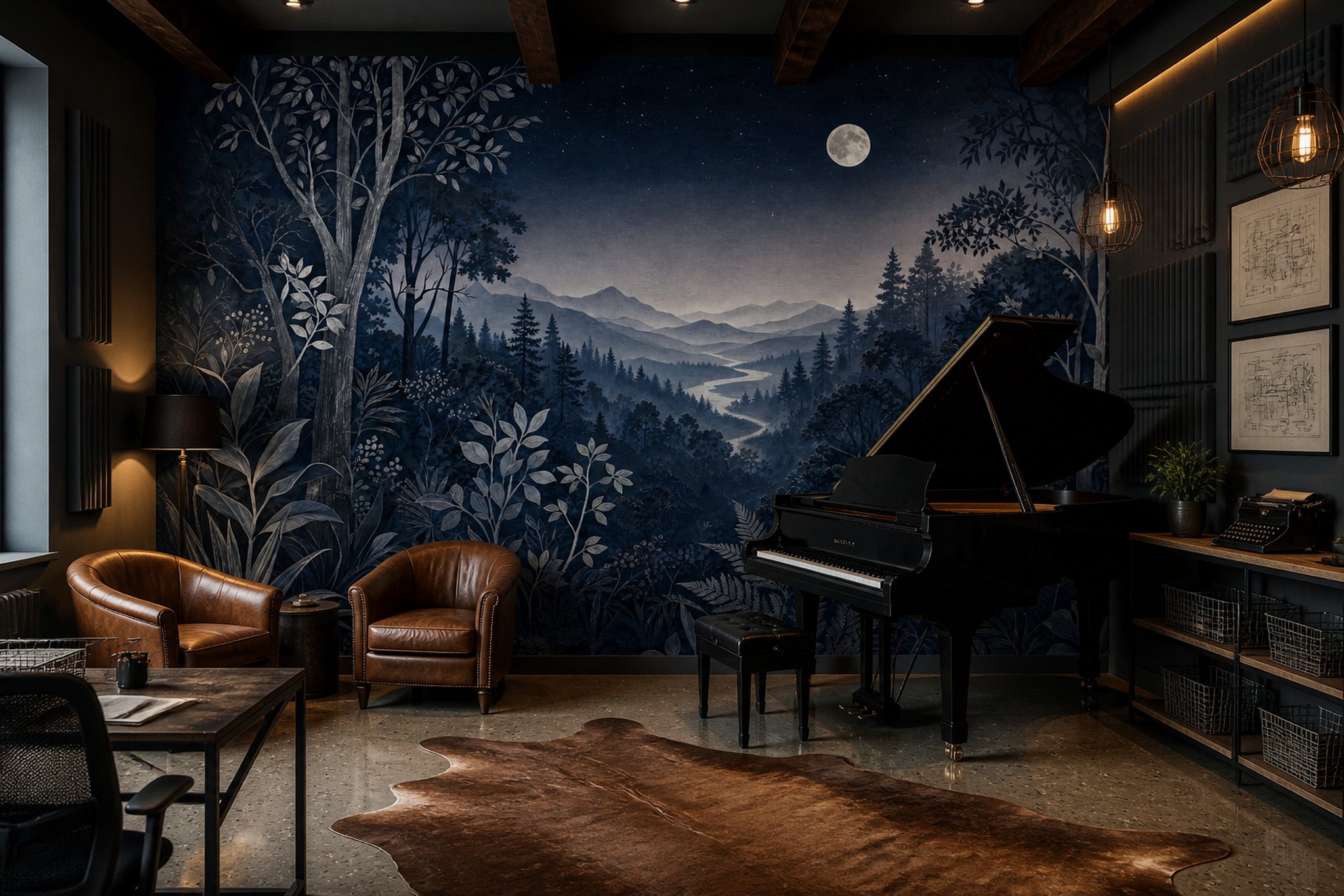 Moonlit Forest Wallpaper Night Landscape Removable Navy Botanical Wall Decor
