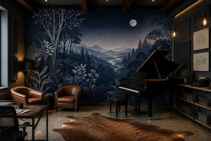 Moonlit Forest Wallpaper Night Landscape Removable Navy Botanical Wall Decor