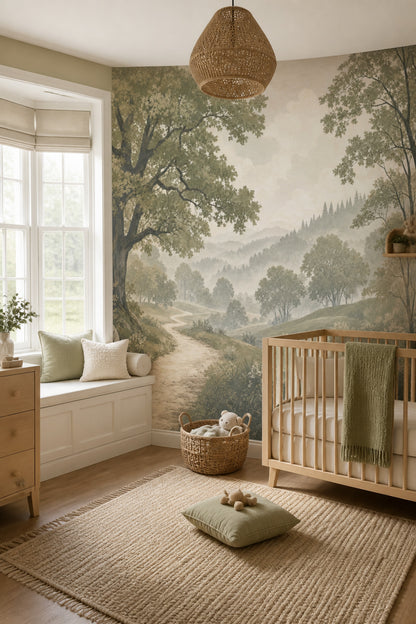 Misty Forest Wallpaper Scenic Landscape Forest Sage Green Removable Wall Decor