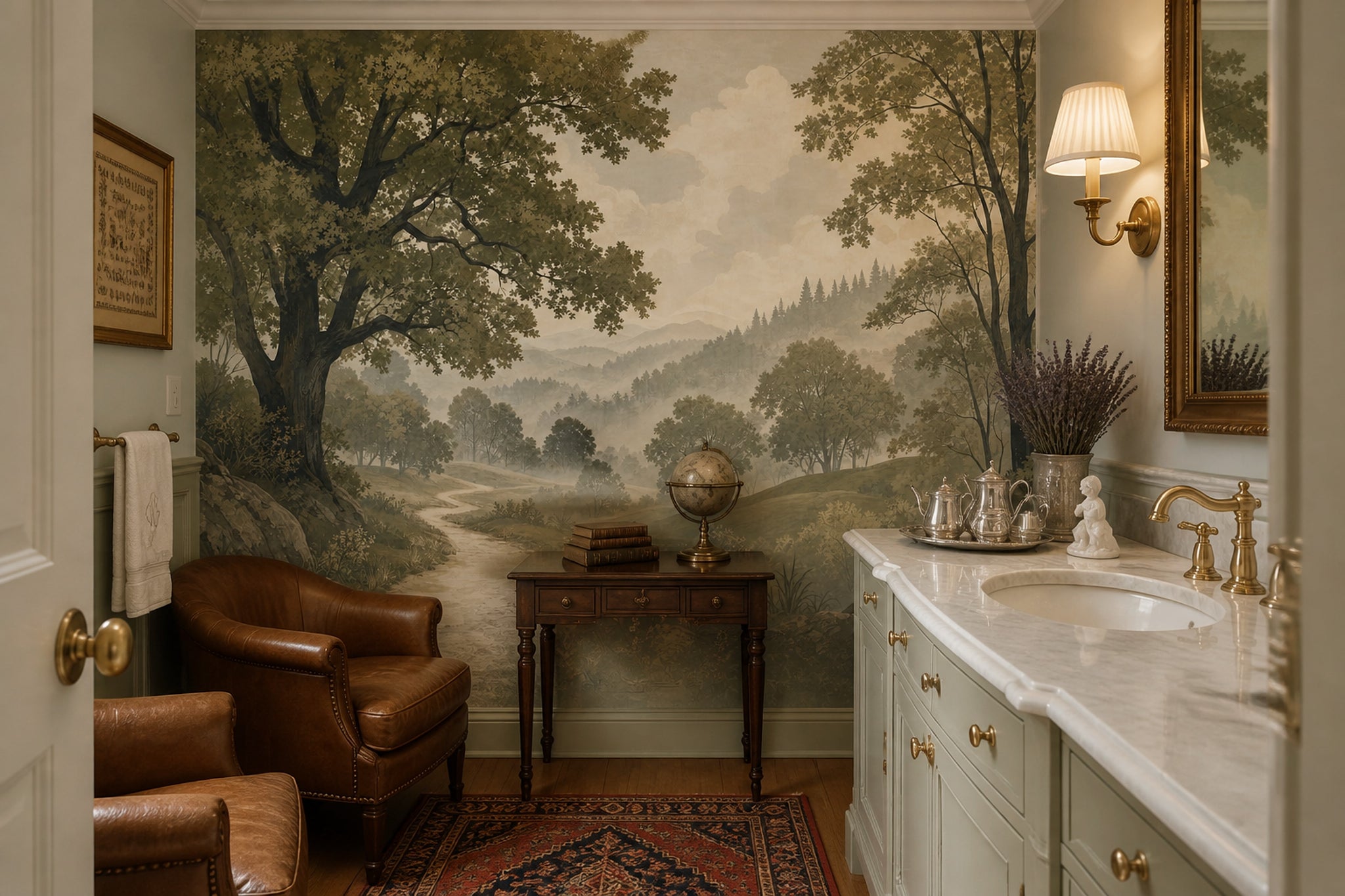 Misty Forest Wallpaper Scenic Landscape Forest Sage Green Removable Wall Decor
