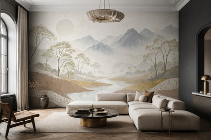 Misty Mountains Wallpaper River Landscape Removable Slender Trees Wall Decor