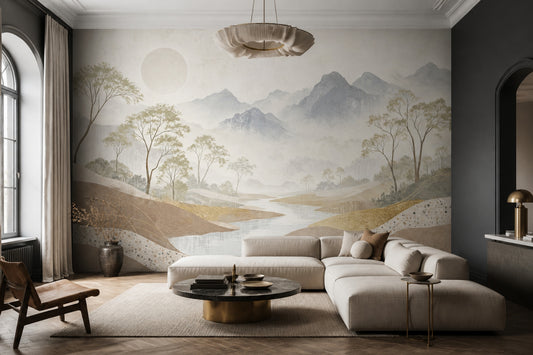 Misty Mountains Wallpaper River Landscape Removable Slender Trees Wall Decor