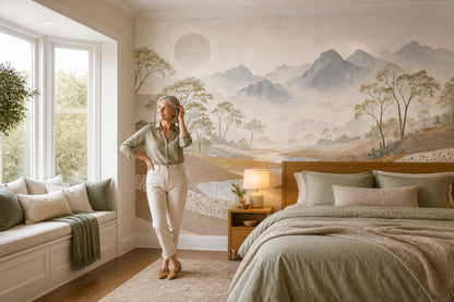 Misty Mountains Wallpaper River Landscape Removable Slender Trees Wall Decor
