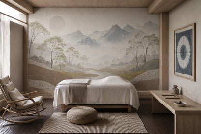 Misty Mountains Wallpaper River Landscape Removable Slender Trees Wall Decor