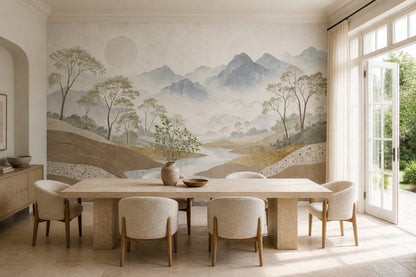 Misty Mountains Wallpaper River Landscape Removable Slender Trees Wall Decor