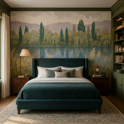 Lakeside Landscape Wallpaper Reeds Removable Mountains Wall Decor