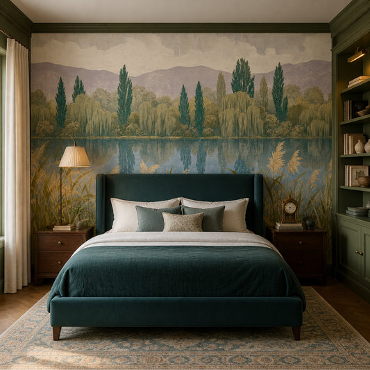 Lakeside Landscape Wallpaper Reeds Removable Mountains Wall Decor
