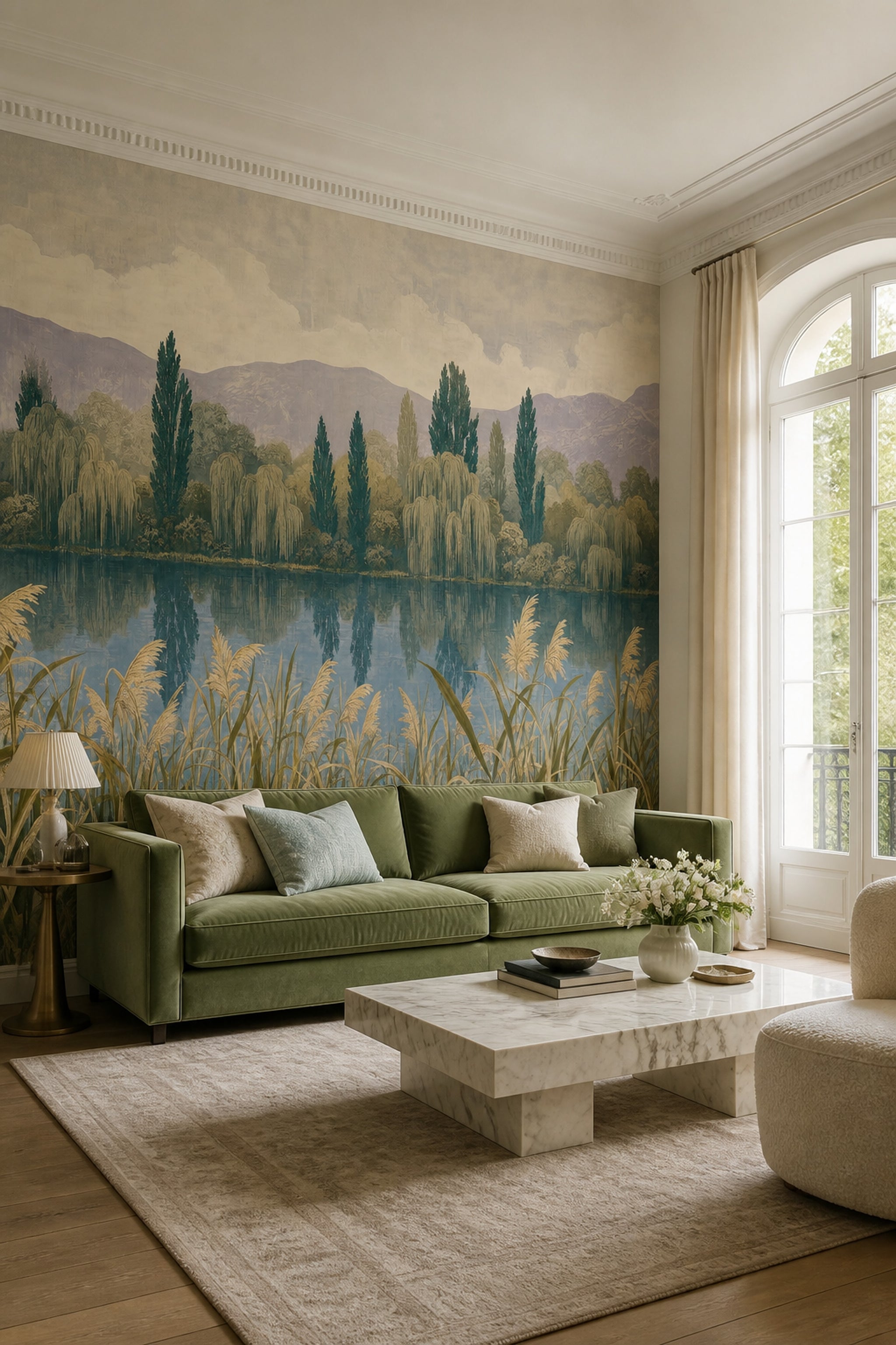 Lakeside Landscape Wallpaper Reeds Removable Mountains Wall Decor