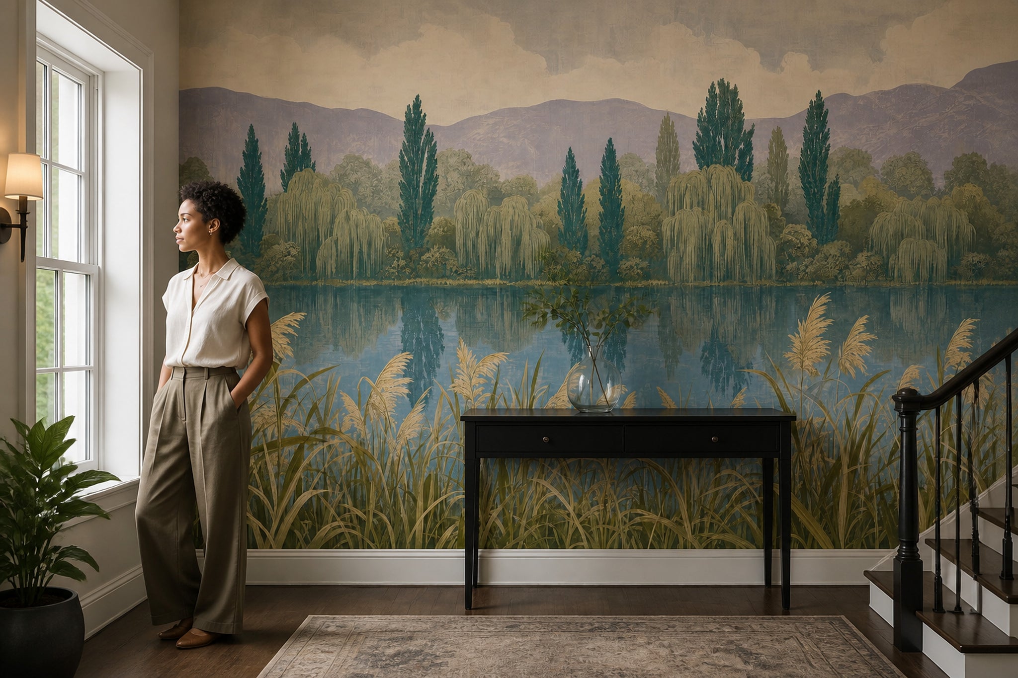 Lakeside Landscape Wallpaper Reeds Removable Mountains Wall Decor