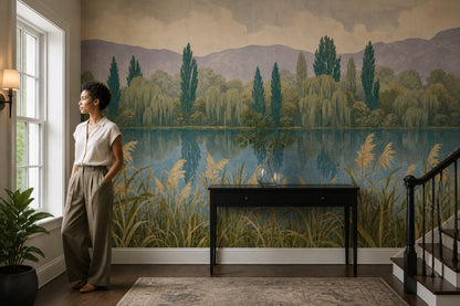 Lakeside Landscape Wallpaper Reeds Removable Mountains Wall Decor