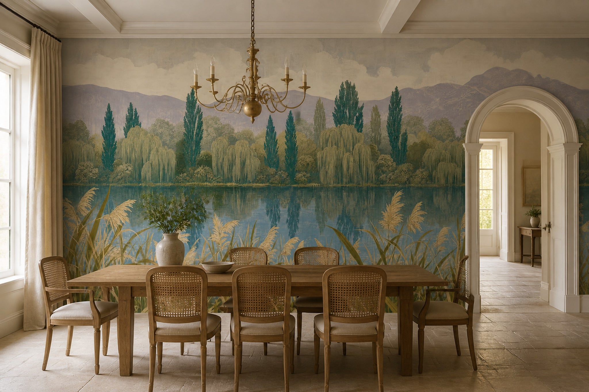 Lakeside Landscape Wallpaper Reeds Removable Mountains Wall Decor