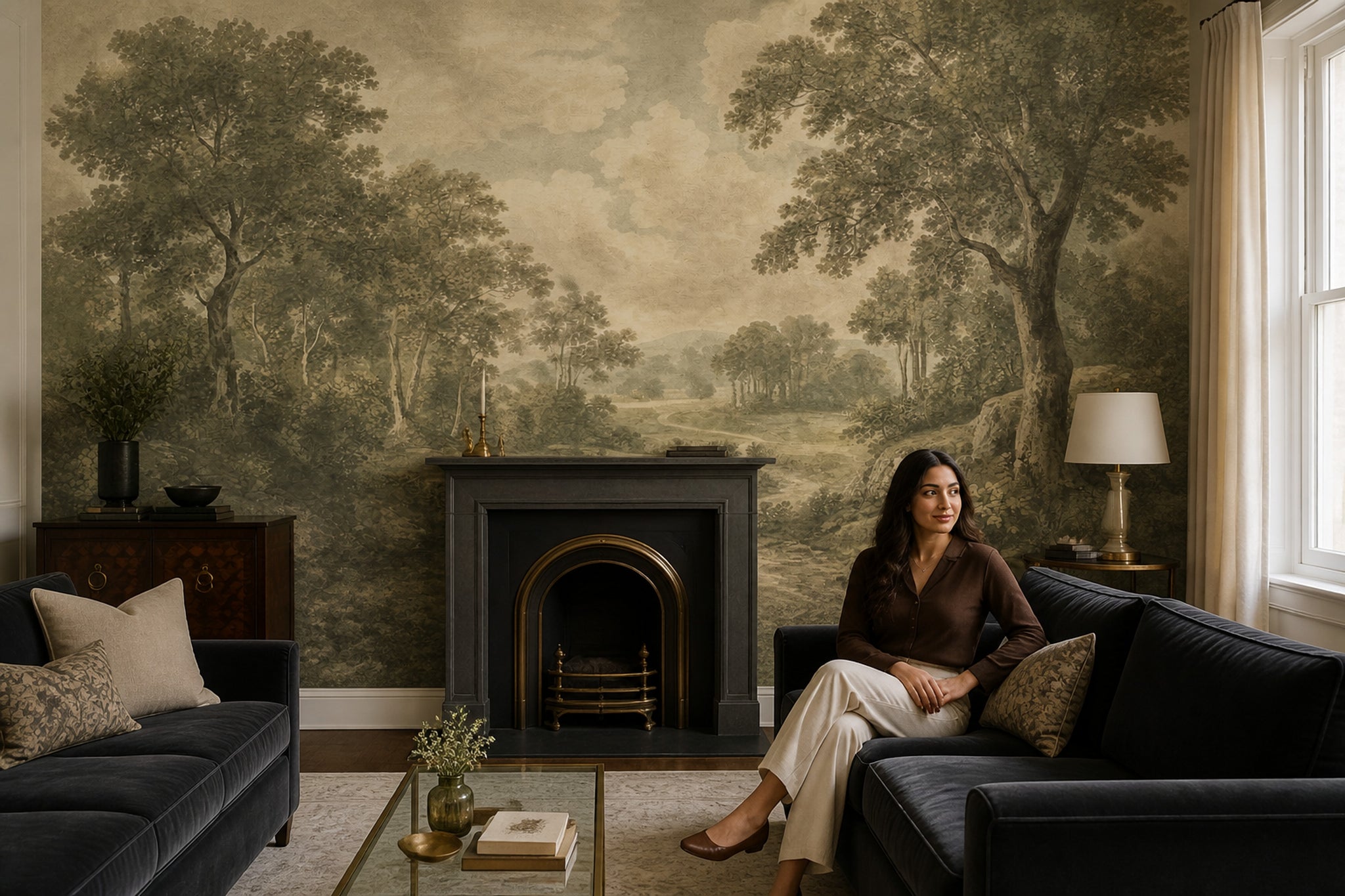 Muted Green Wallpaper Scenic Landscape Removable Wall Decor