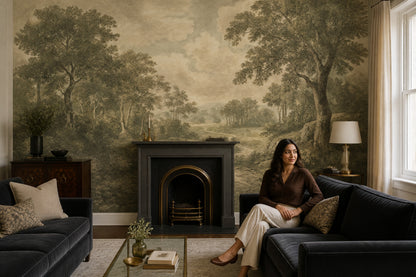 Muted Green Wallpaper Scenic Landscape Removable Wall Decor