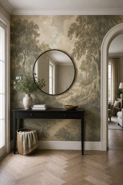 Muted Green Wallpaper Scenic Landscape Removable Wall Decor