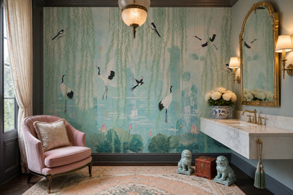 Muted Green Wallpaper Pastel Botanical Chinoiserie Wall Mural