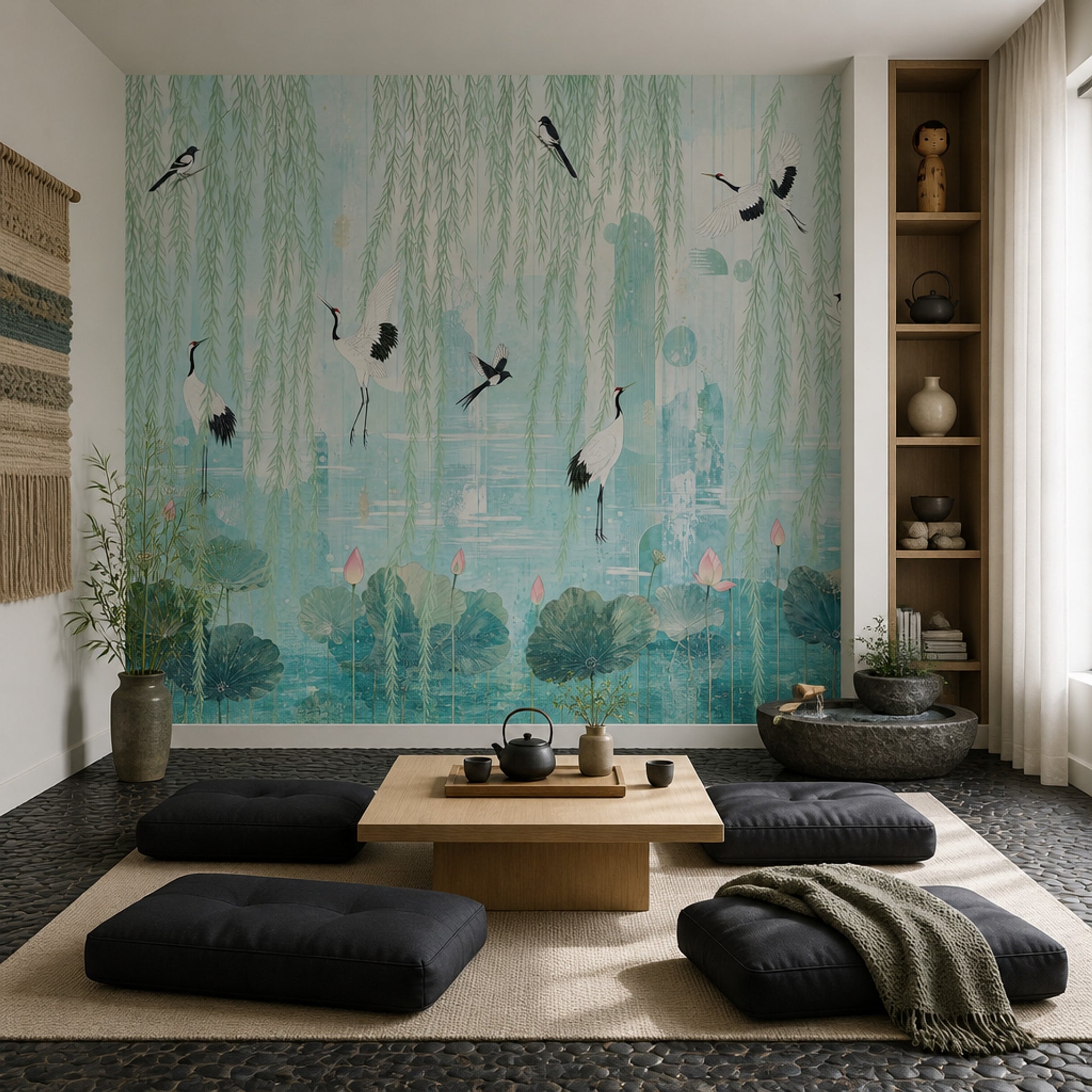 Muted Green Wallpaper Pastel Botanical Chinoiserie Wall Mural