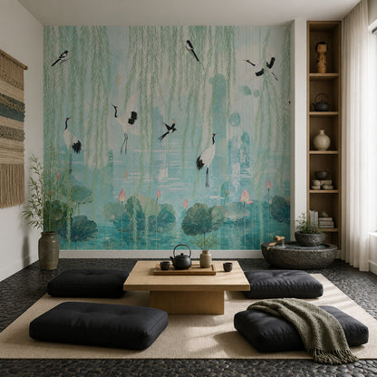 Muted Green Wallpaper Pastel Botanical Chinoiserie Wall Mural