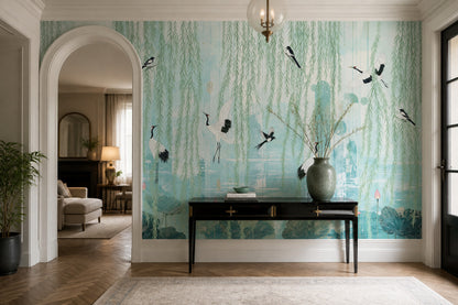 Muted Green Wallpaper Pastel Botanical Chinoiserie Wall Mural
