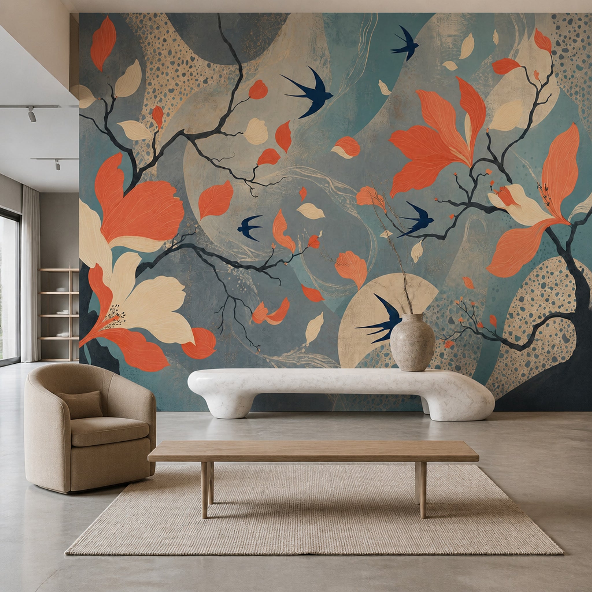 Floral Wallpaper Abstract Birds Removable Wall Decor