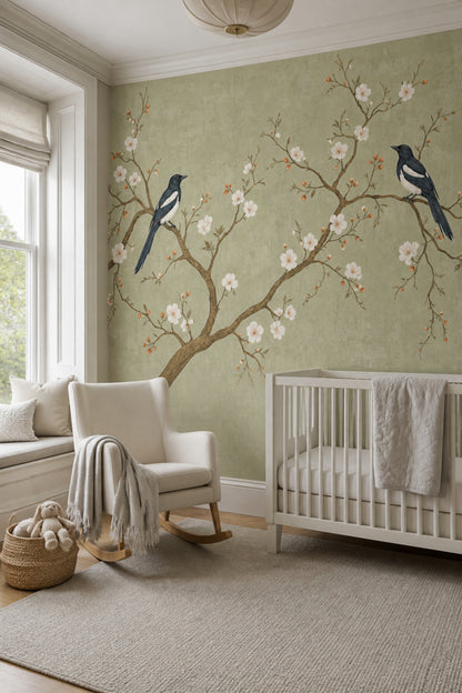 Chinoiserie Wallpaper Blossom Branches Sage Green Wall Mural