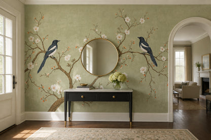 Chinoiserie Wallpaper Blossom Branches Sage Green Wall Mural