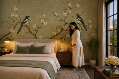 Chinoiserie Wallpaper Blossom Branches Sage Green Wall Mural