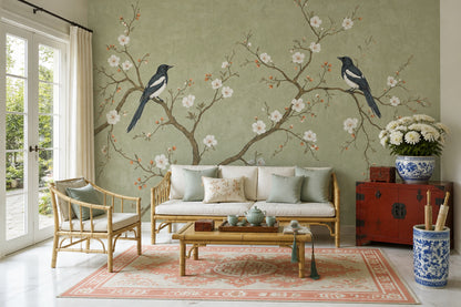 Chinoiserie Wallpaper Blossom Branches Sage Green Wall Mural