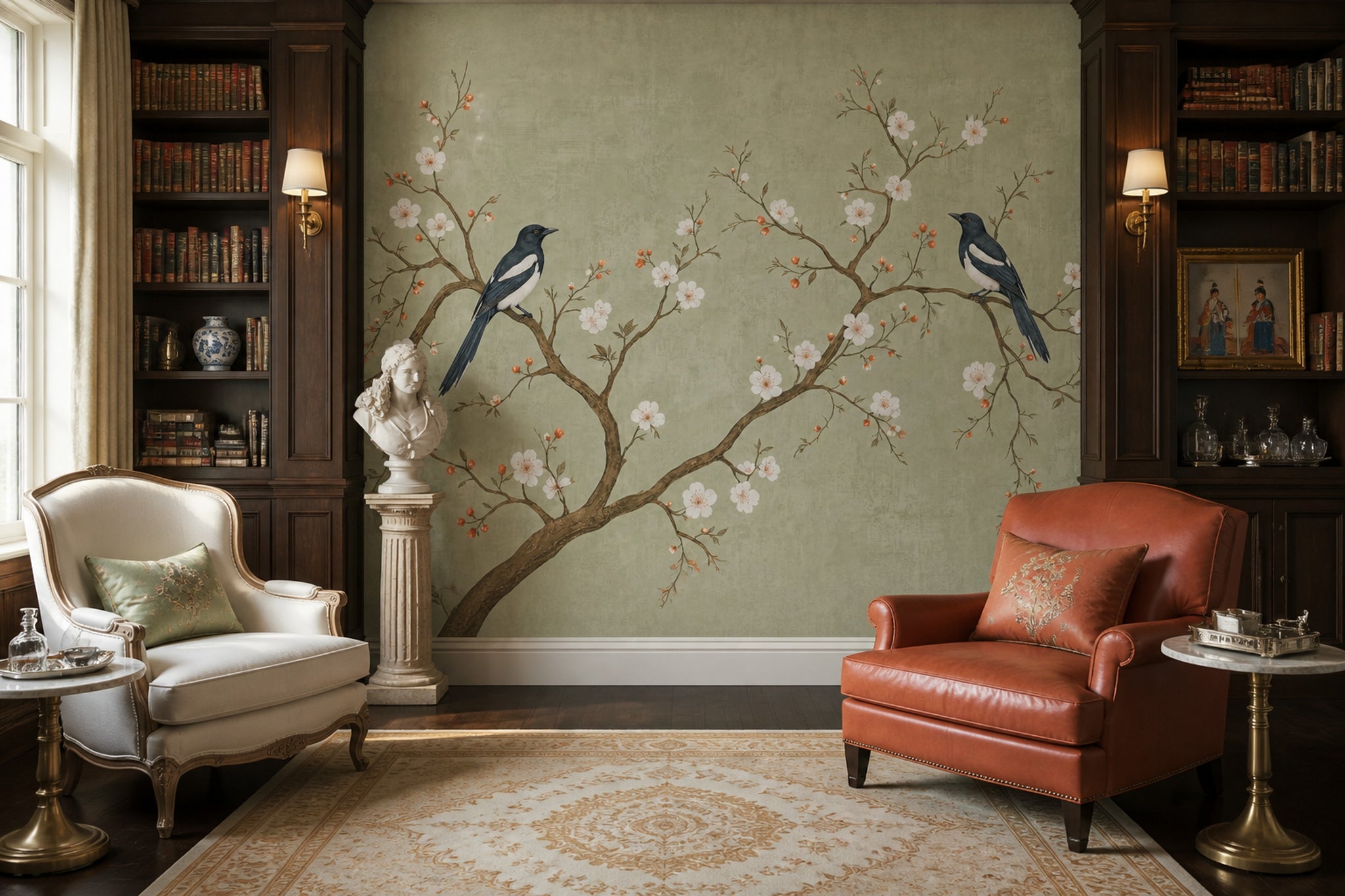 Chinoiserie Wallpaper Blossom Branches Sage Green Wall Mural
