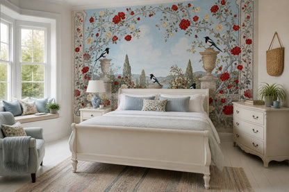 Muted Green Wallpaper Rose Garden Removable Magpie Wall Decor