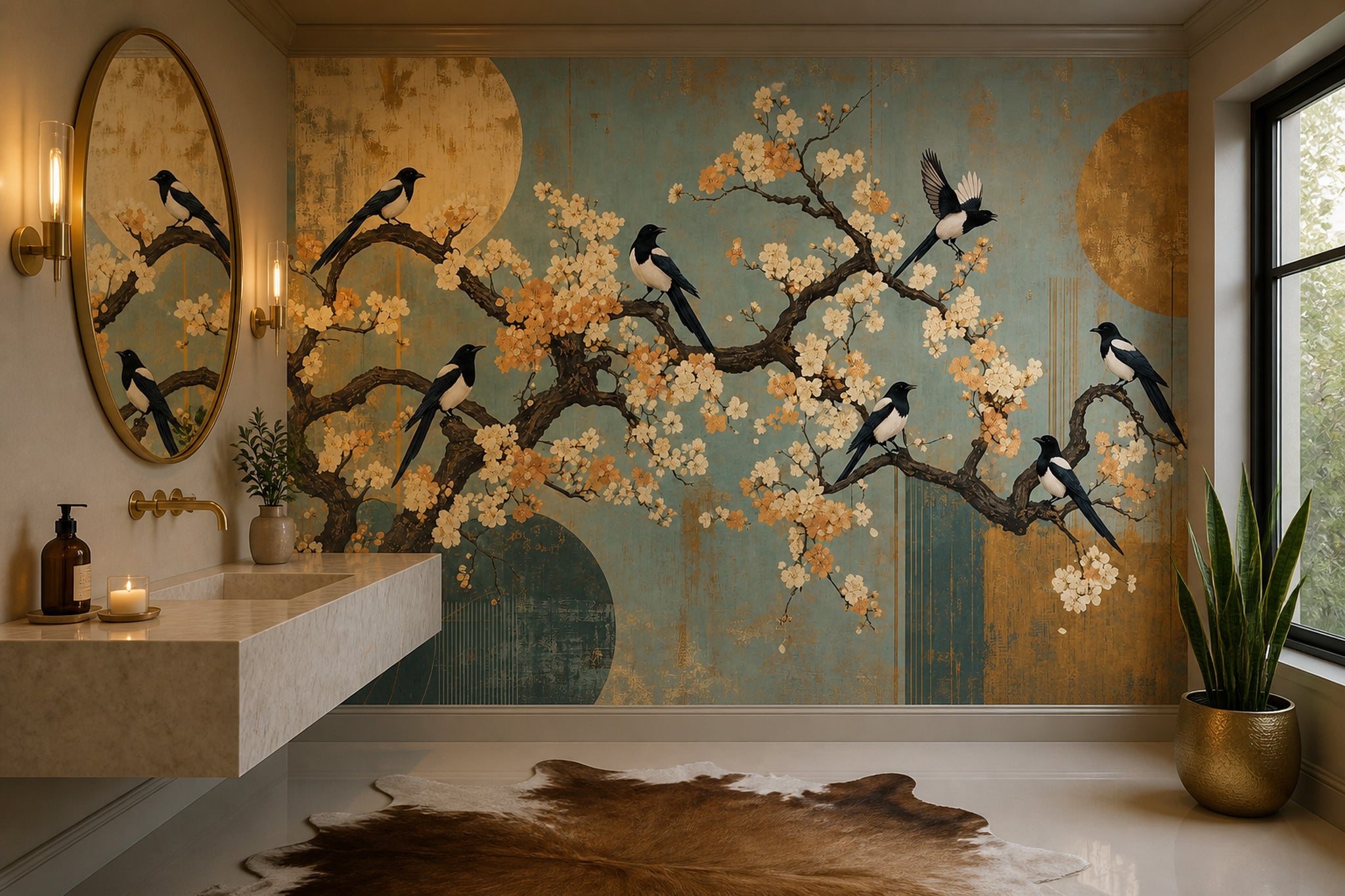 Cherry Blossoms Wallpaper Teal Background Garden Mural Removable Wall Decor