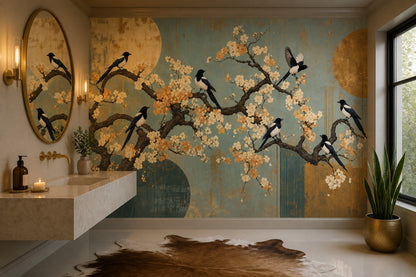 Cherry Blossoms Wallpaper Teal Background Garden Mural Removable Wall Decor