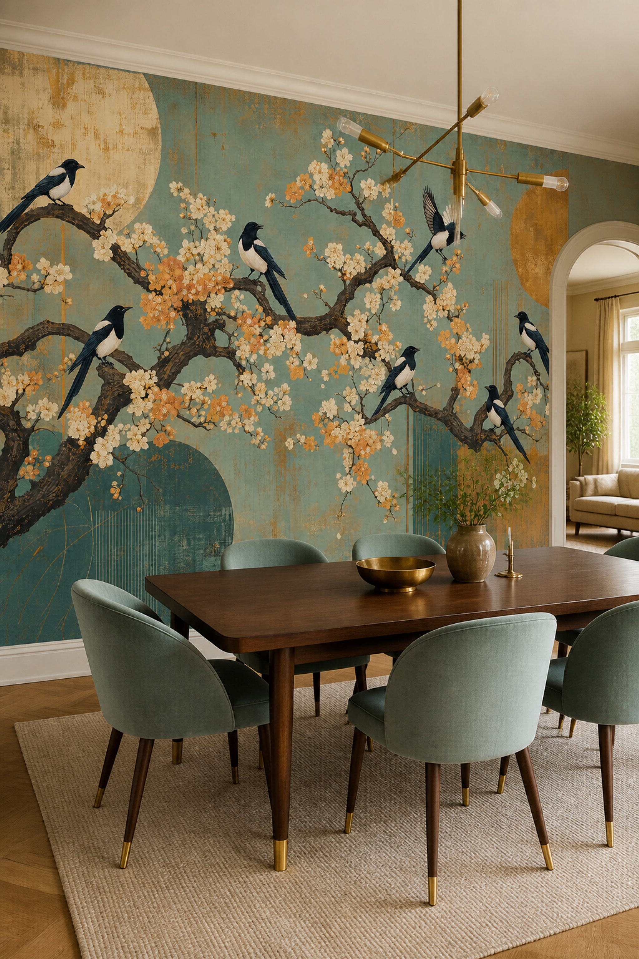 Cherry Blossoms Wallpaper Teal Background Garden Mural Removable Wall Decor