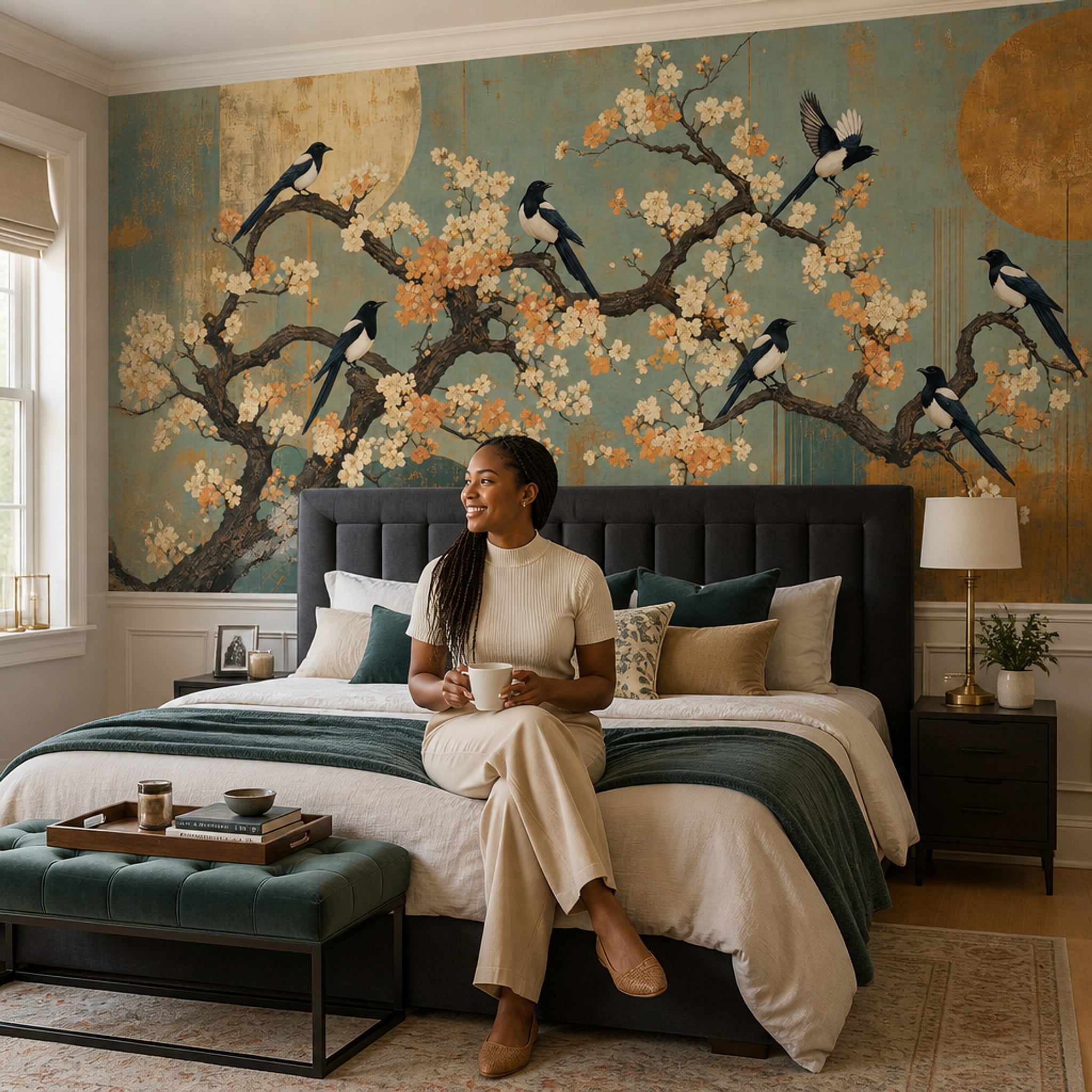 Cherry Blossoms Wallpaper Teal Background Garden Mural Removable Wall Decor