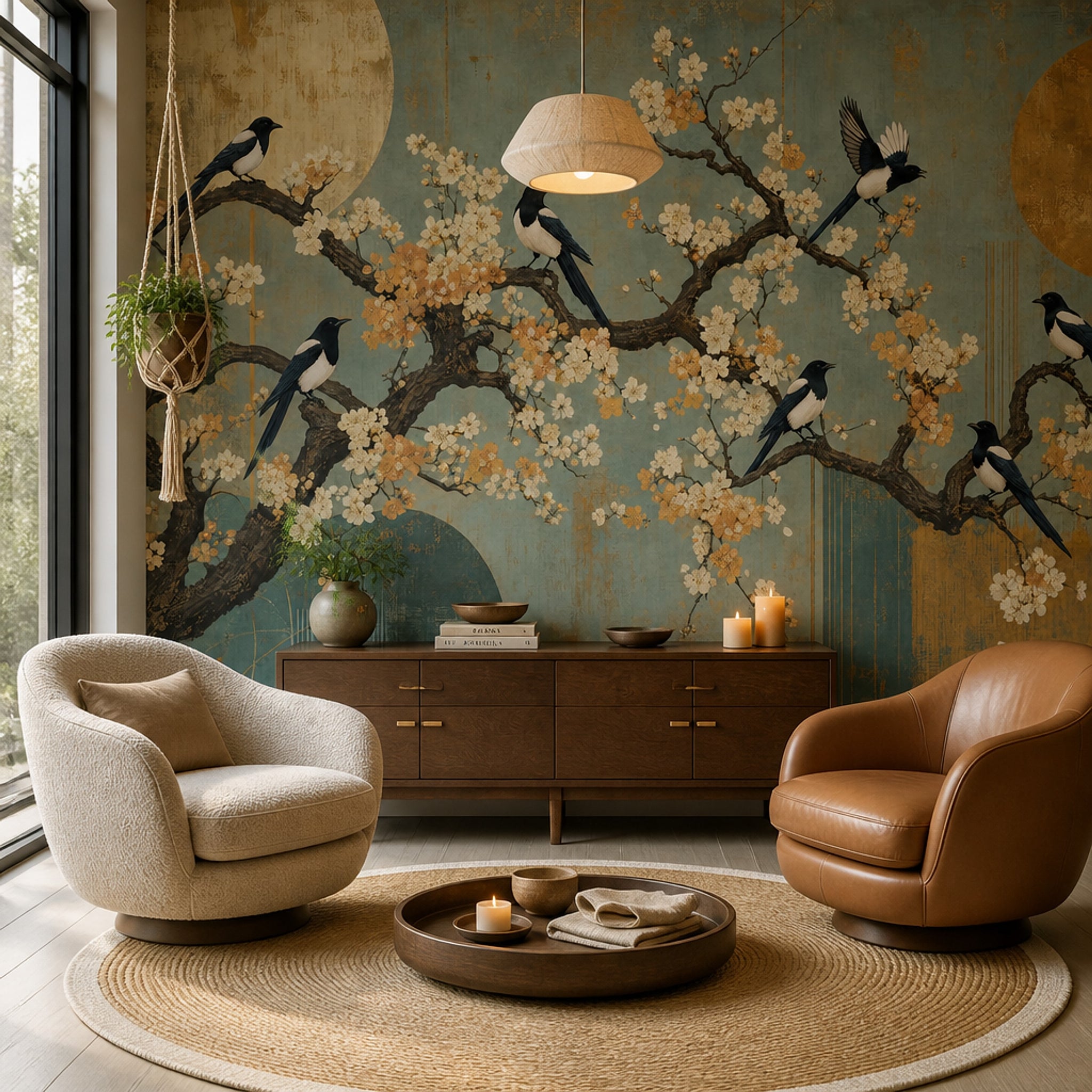 Cherry Blossoms Wallpaper Teal Background Garden Mural Removable Wall Decor
