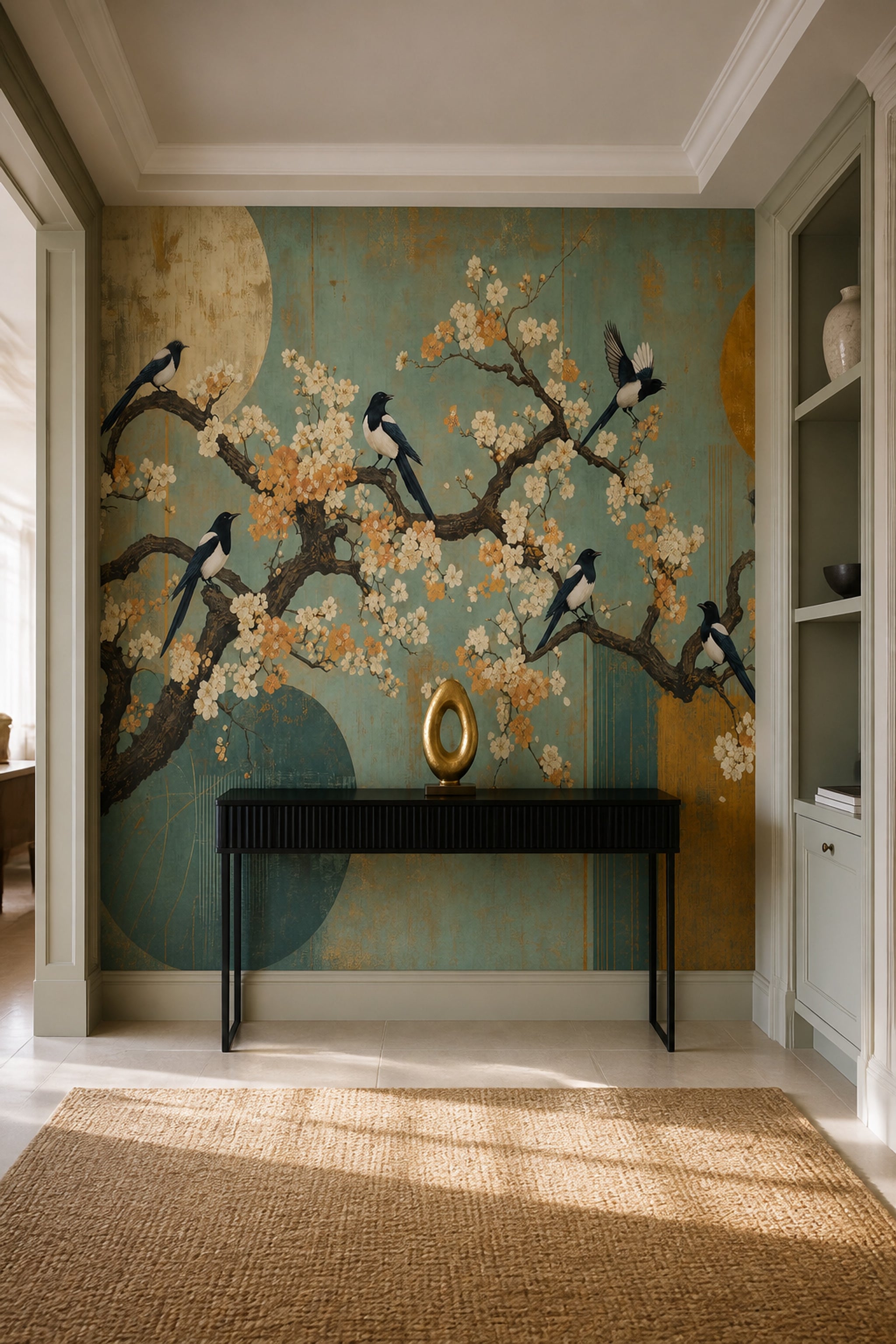 Cherry Blossoms Wallpaper Teal Background Garden Mural Removable Wall Decor