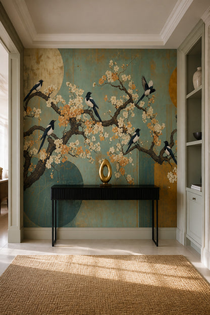 Cherry Blossoms Wallpaper Teal Background Garden Mural Removable Wall Decor