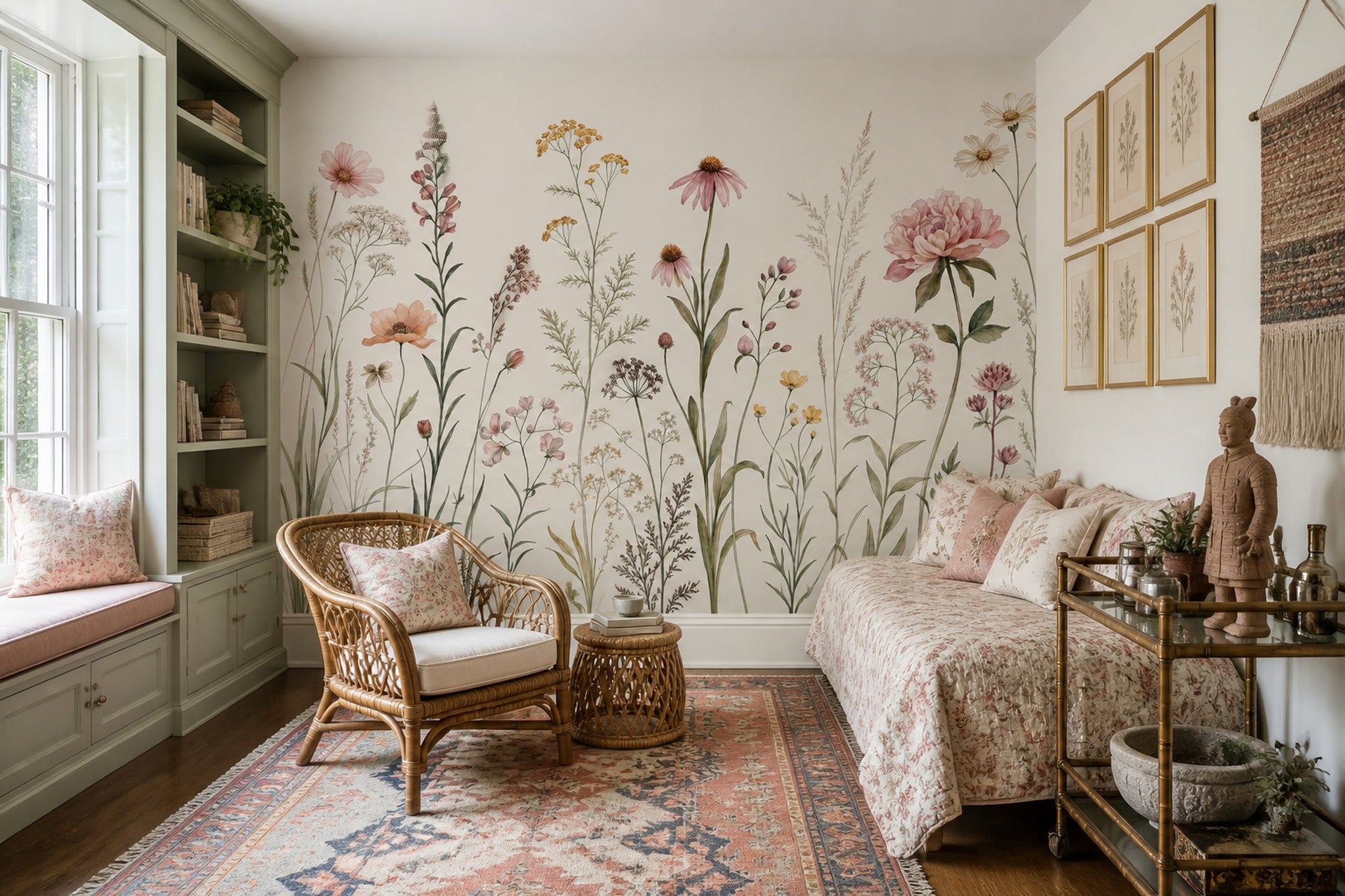 Muted Green Wallpaper Wildflower Removable Botanical Wall Decor