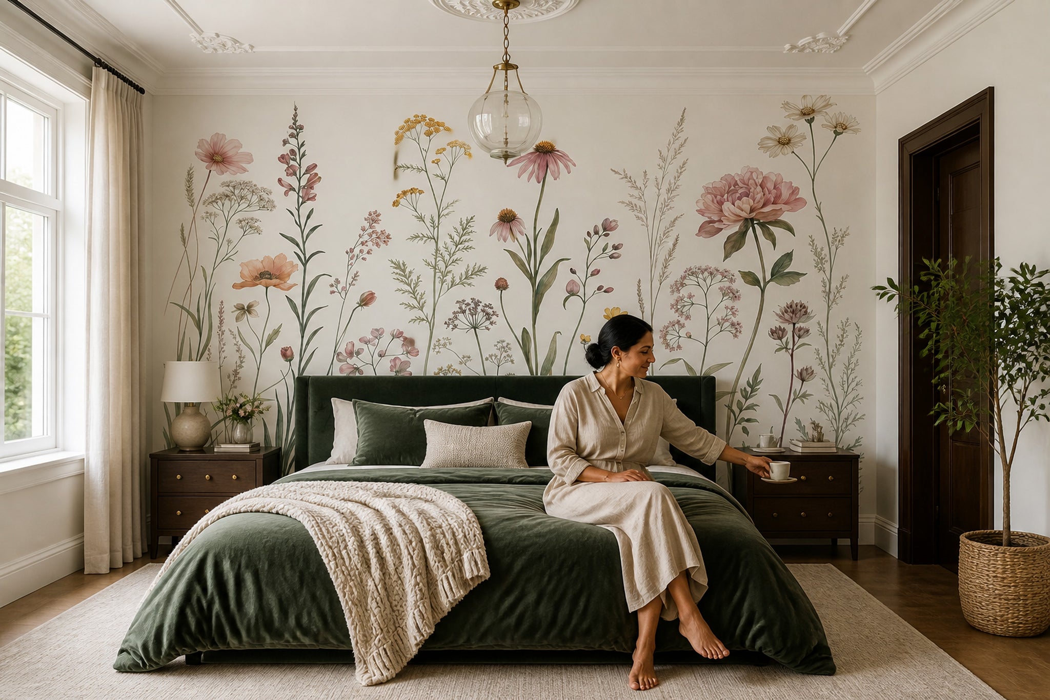 Muted Green Wallpaper Wildflower Removable Botanical Wall Decor